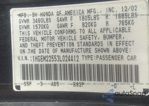 2003 Honda Civic Lx from USA, damaged, VIN 1HGEM22553L024412